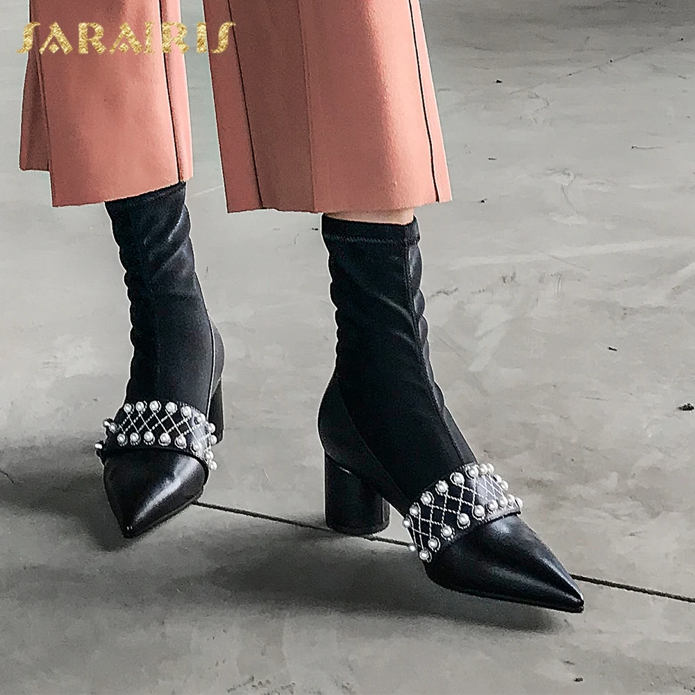 

Sarairis Genuine Cow Leather Pointed Toe Summer Boots Woman Shoes Slip On Pearl Stretch Boots Female Shoes Woman Footwear