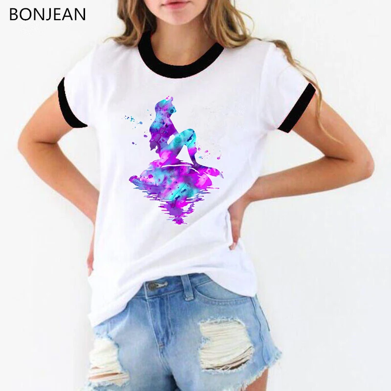 

Watercolor Mermaid Silhouette t shirt women summer harajuku kawaii shirt tops t-shirt femme white Cartoon Princess print tshirt