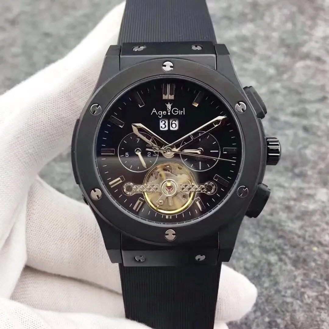 

Luxury Brand New Men Automatic Mechanical Watches Full Black Blue Grey White Rubber Leather Tourbillion Date Calendar Watch AAA