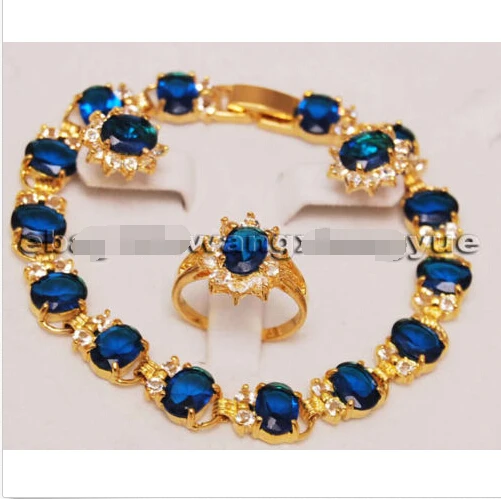 

*********Fashion Jewelry Blue Zircon Inlay Link Bracelet earrings Ring Set AAA