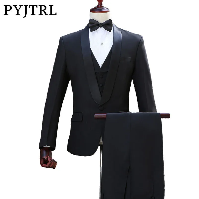 PYJTRL العلامة التجارية الرجال شال التلبيب الأبيض أسود اثنين قطعة سترة السراويل دعوى ضئيلة مساء حزب عرض مسرحي الأداء الرجال حفلة موسيقية الدعا...