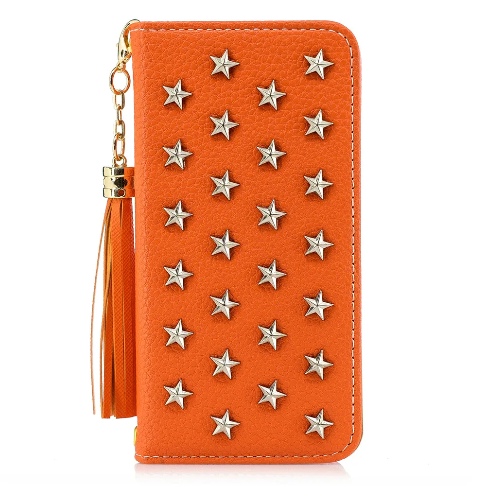 Роскошный флип-чехол для Iphone 11 pro Xs MAX XR X 8 7 6 6s Plus, зеркальный кожаный бумажник ручной работы с заклепками и звездами, чехол-книжка с ремешком - Цвет: Оранжевый