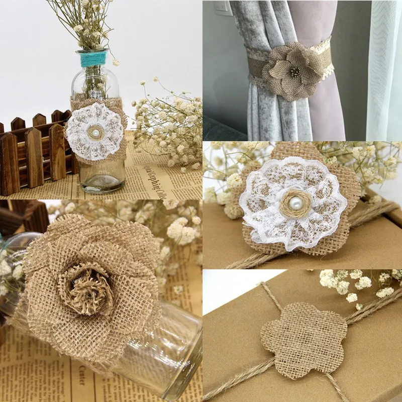 5Pcs Handmade Burlap Flowers Vintage hessian Jute Wedding Christmas Decoration Party Supplies Natural color Shabby Chic 62493