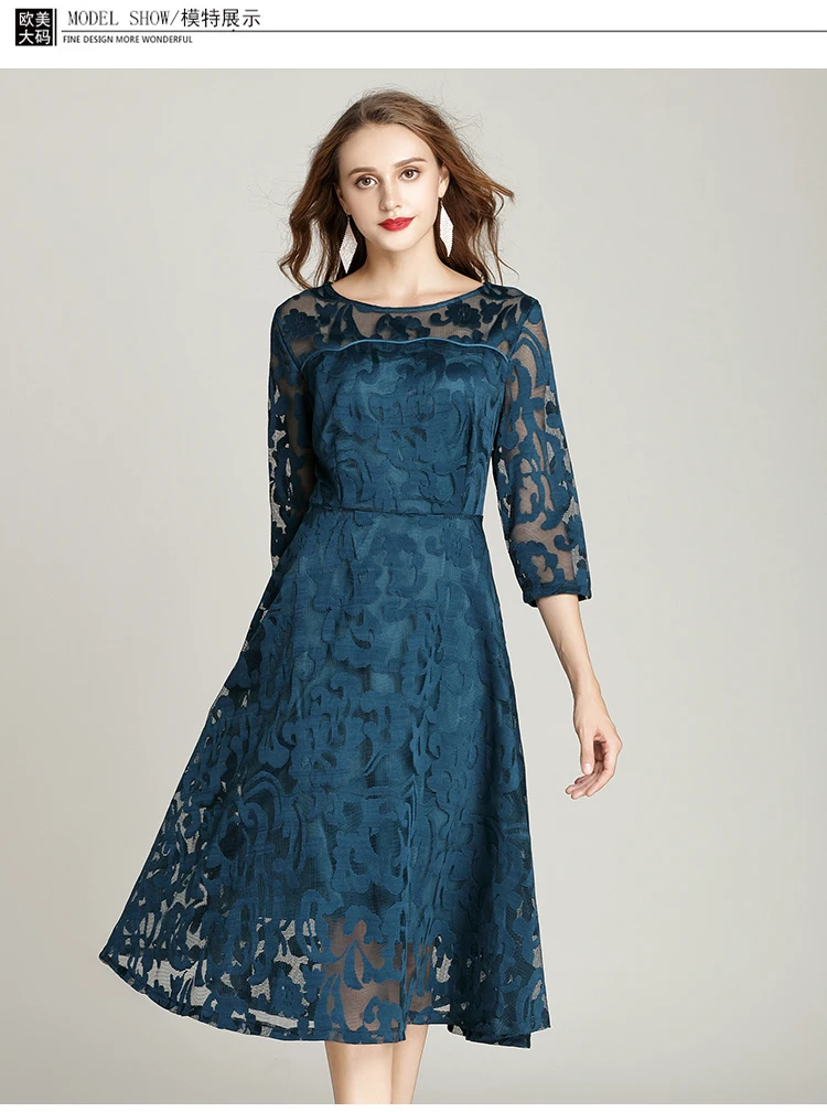 

Lace，simple loose medium and long dress European station 2019 spring and autumn