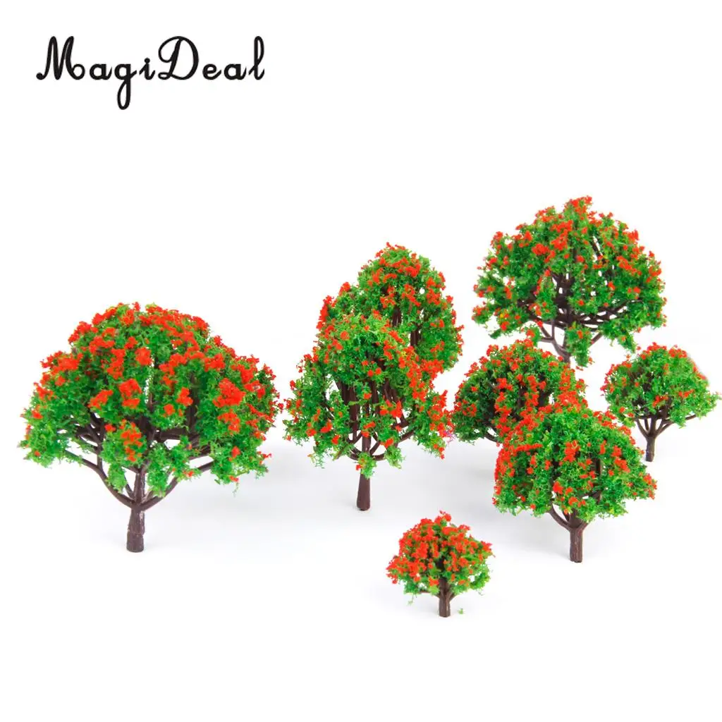 MagiDeal 10Pcs Model Tree with Red Flower Railroad Scenery for Model Garden Park Train Track Architecture Layout Diorama 5 Sizes