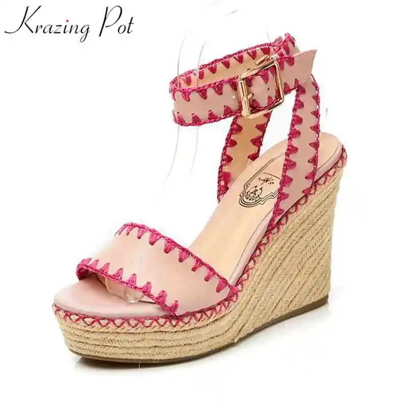 

Krazing Pot cow leather ankle straps platform cozy sandals movie star super high heels mixed colors increased wedges shoes L86