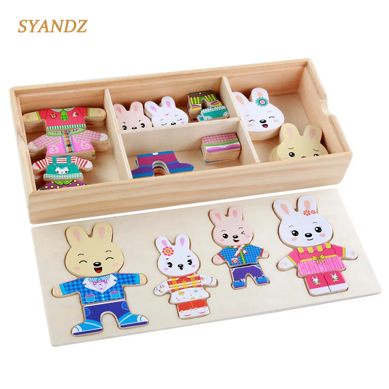 Baby Wooden Toys Wooden Dress Up Rabbit Dressing Jigsaw Puzzle Kids
