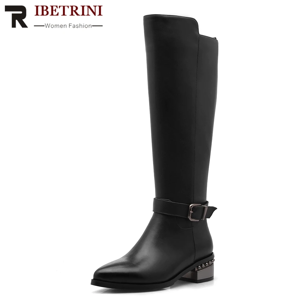 

RIBETRINI New Arrival Genuine Cow Leather Women Riding Boots Med Square Heels Zip Boots Shoes Woman 33-43