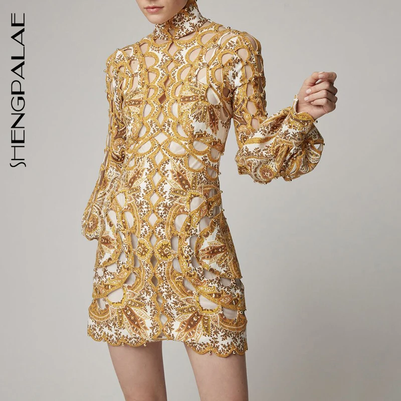 

SHENGPALAE Hollow Out Dress Women Stand Collar Lantern Sleeve Heavy Beading Sexy Dresses Female 2019 Fashion Summer New FQ806