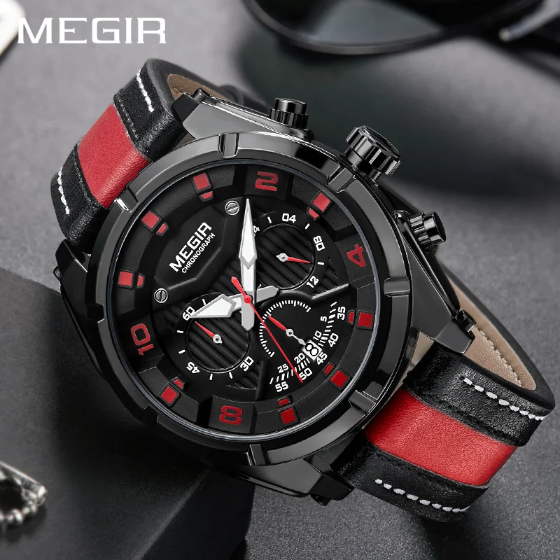 MEGIR Chronograph Sport Watch Men Quartz Wristwatches Clock Fashion Leather Army Military Watches H