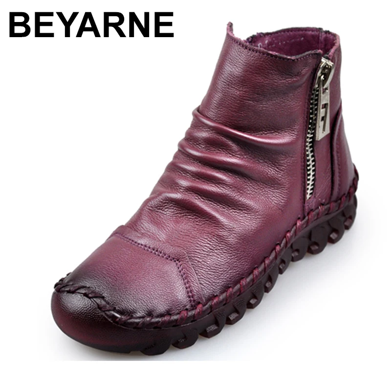 

BEYARNE100% genuine leather women boots Retro Handmade Ankle Boots Flat fur Boots Soft bottom winter zipper Casual ShoesE781