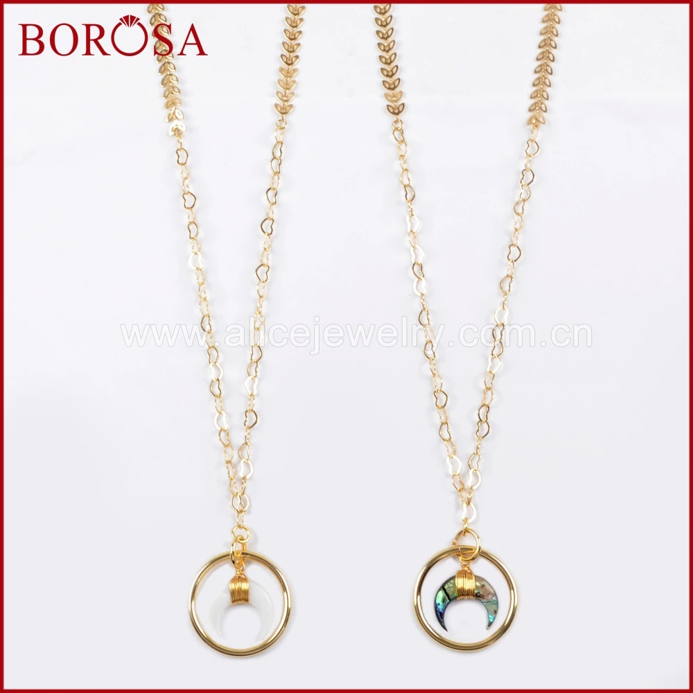 

BOROSA Design 5PCS Gold Color White Shell Abalone Shell Horn Circles Necklace Natural Shell Pendant Necklace Jewelry G1519