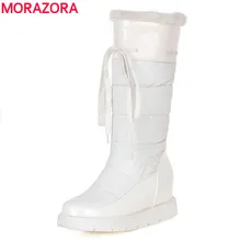 MORAZORA Plus size 34-43 new half snow boots patent leather down women boots round toe mid calf winter shoes woman black white