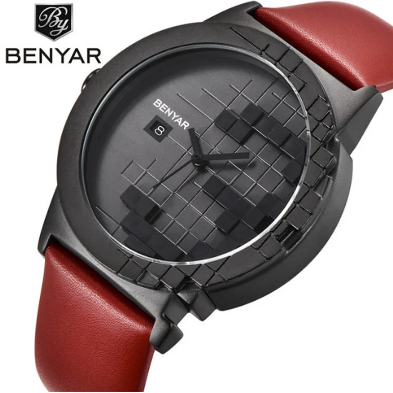 Benyar люксовый бренд водонепроницаемые с кожаным ремешком креативные кварцевые часы Автоматическая Дата повседневные модные деловые мужские часы - Цвет: Red