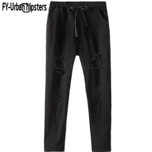 Harajuku Эластичный Талия Черный рваные джинсы хлопок женские шаровары женские модные джинсы с заплатками Большие размеры женские джинсы на шнуровке