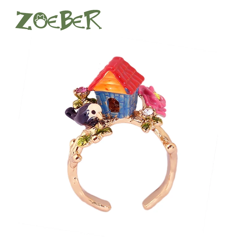 

Zoeber New Design Cute Flower bird house Ring For Women 3D Enamel Glaze Finger Animal Rings Adjustable Rings Young Girl RJ2108