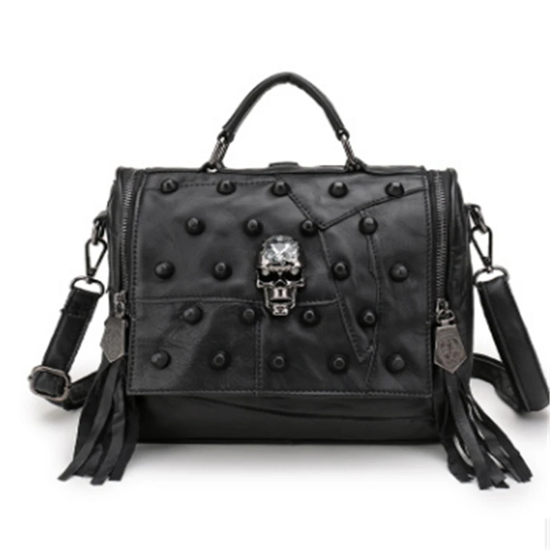 

2019 Multifunctional Women Skull Backpacks School Vintage Black Genuine Leather backpack Rock Rivet Punk Mini backpack