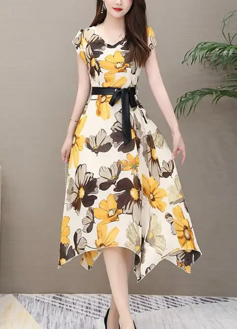 

2019 Summer New Arrival Plus Size L-4XL Elegant Round Collar Flower Printed Irregular Woman Chiffon Long Dress