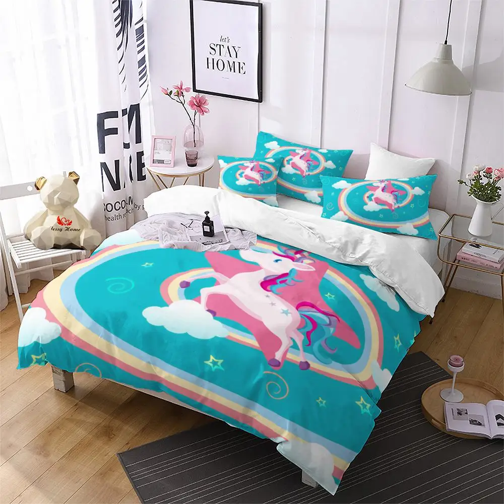 Unicorn Cartoon Bedding Kids Quilt Set Hippie Sheet Set For Kids Cute