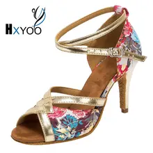 Hxyoo в Туфли для латинских танцев Для женщин сальса обувь Дамы атласная мягкая подошва красные, синие цветок золотой пряжкой WK010