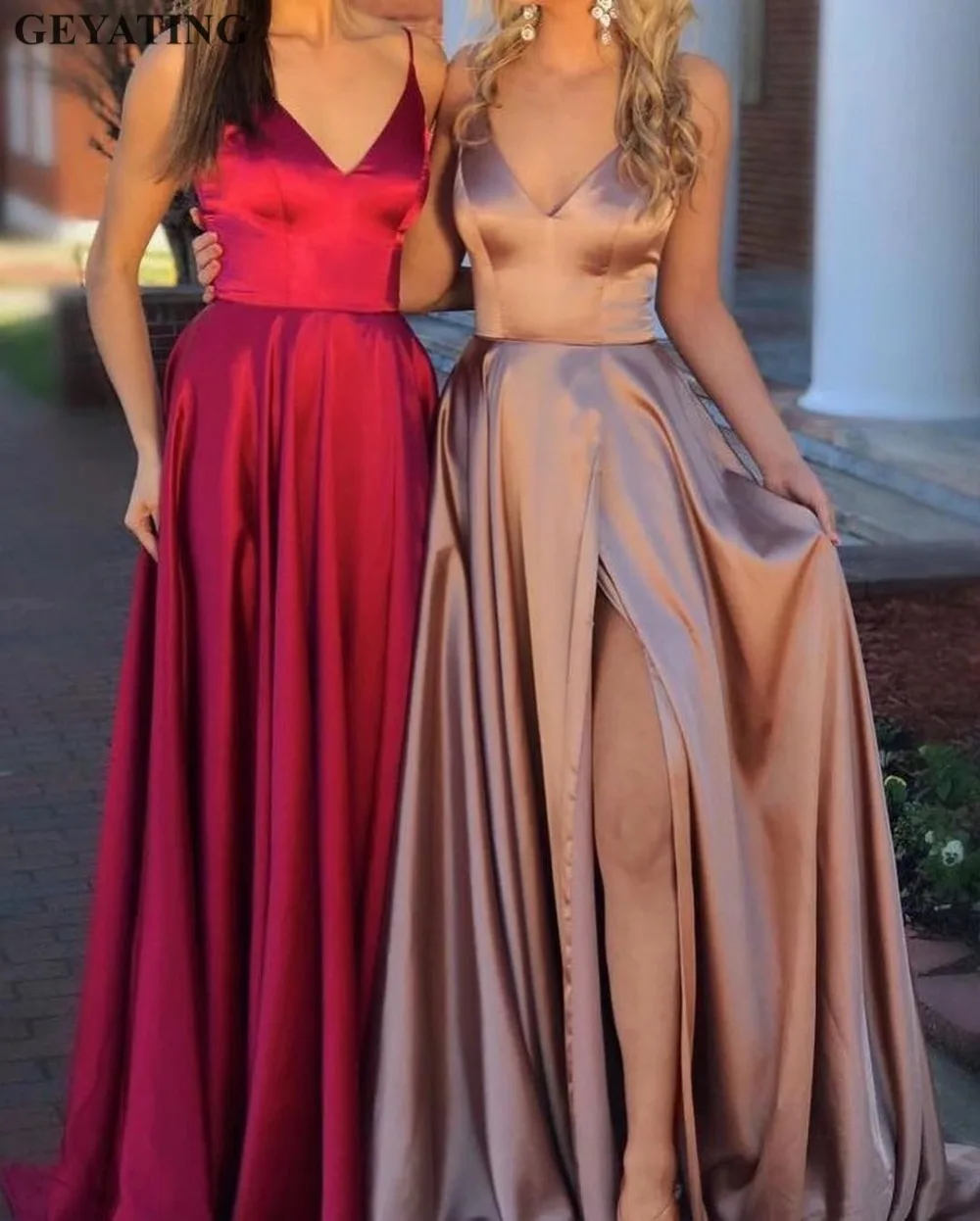 Сексуальное Красное Длинное атласное вечернее платье с v-образным вырезом и открытой спиной, розовое золото, на тонких бретельках, боковое платье с разрезом для выпускного вечера для девочек, торжественное платье