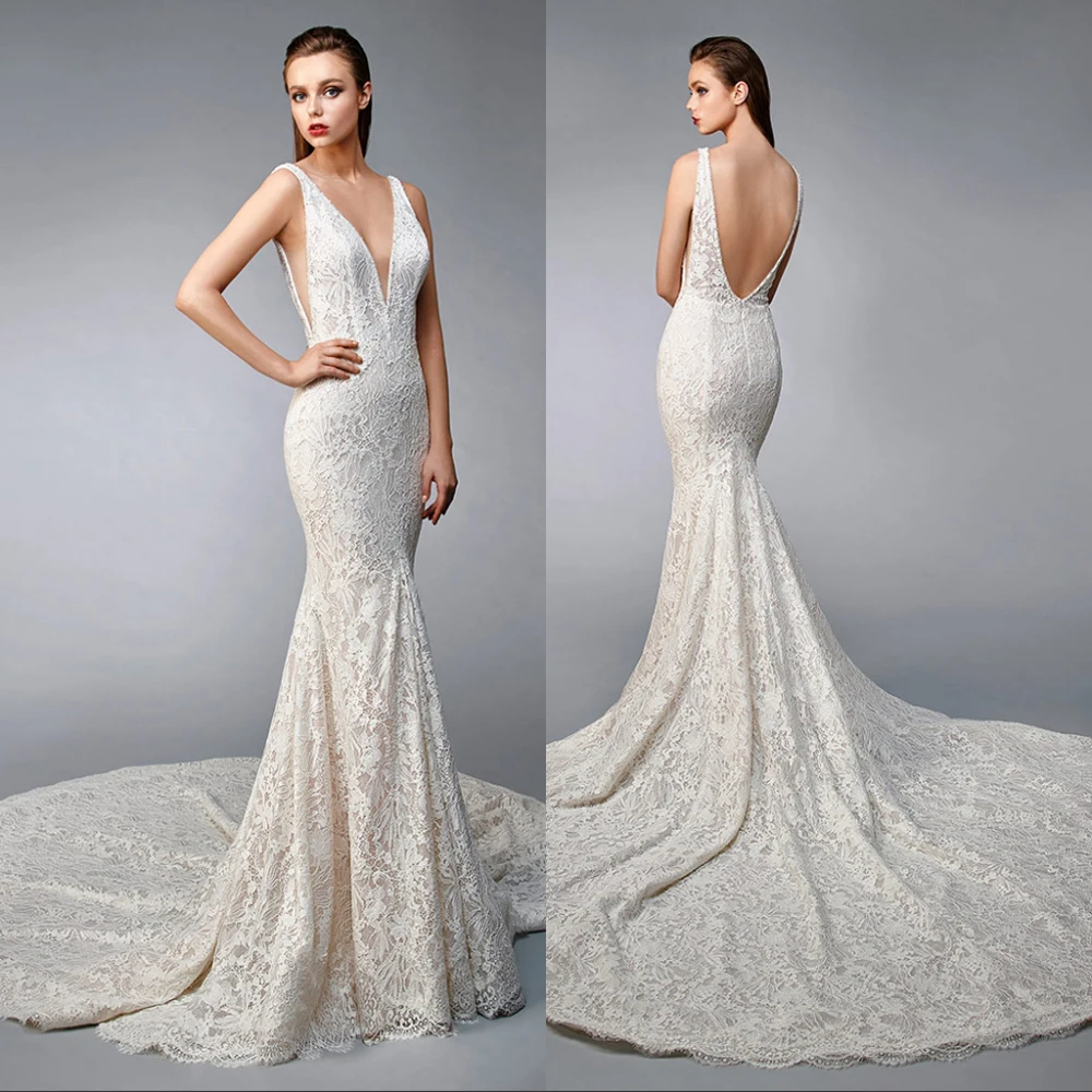 Vestido de noiva сексуальные v-образным вырезом спинки Кружева Русалка Свадебные платья 2019 Новое свадебное платье невесты платье суд Поезд Robe de mariee
