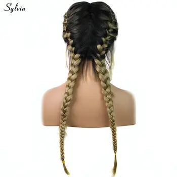 Sylvia Dark Roots Ombre Blonde 2x Twist Braided Wigs with Baby Hair Heat Resistant Natural Long Synthetic Hair Lace Front Wigs