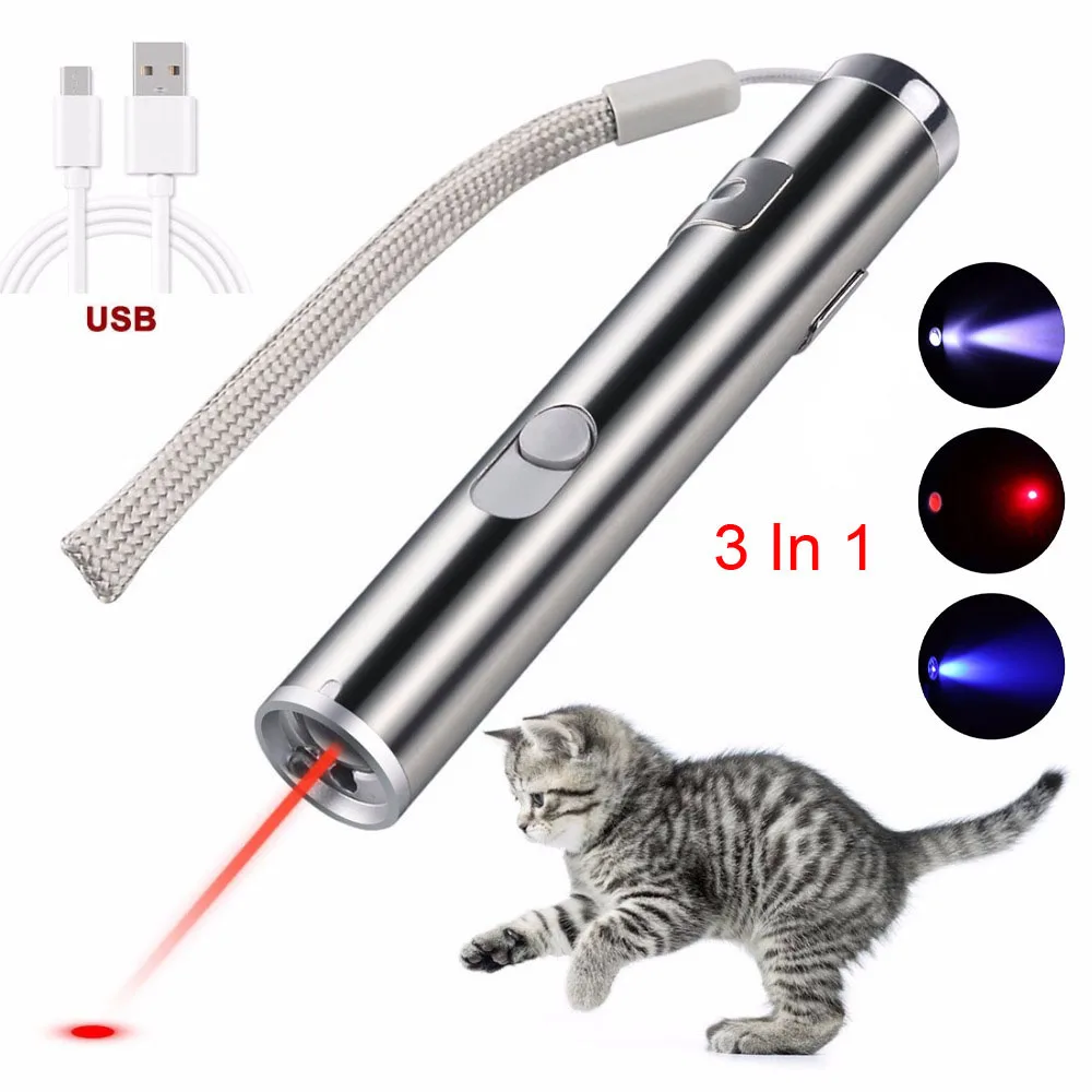 

Funny cat Red Laser Pointer USB Rechargeable 3 In 1 Mini lazer Pen Flashlight Charging UV Torch Laser Pointer Multifunction