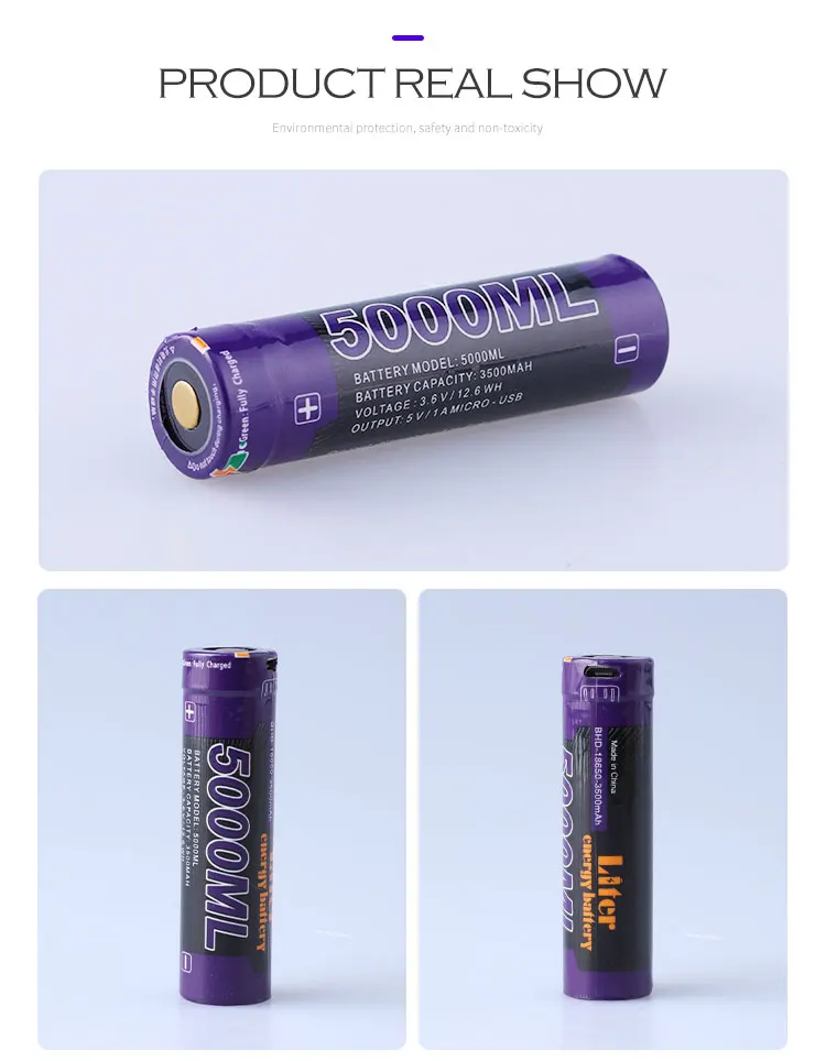 USB 3.7 V 18650, 3500mAh Li-Ion rechargeable USB battery with LED light DC-charging indicator