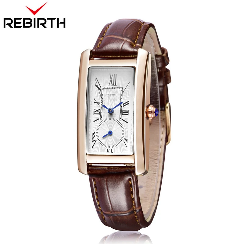 

REBIRTH Leather Strap hour Lady Quartz Women Watches Fashion Rectangle Casual Wristwatch with casket for watches gift for girls