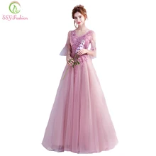 SSYFashion/Новинка; милое розовое кружевное вечернее платье с цветами; платье для невесты, банкета, с рукавами-бабочками, с аппликацией, длиной до пола; вечерние платья для выпускного вечера