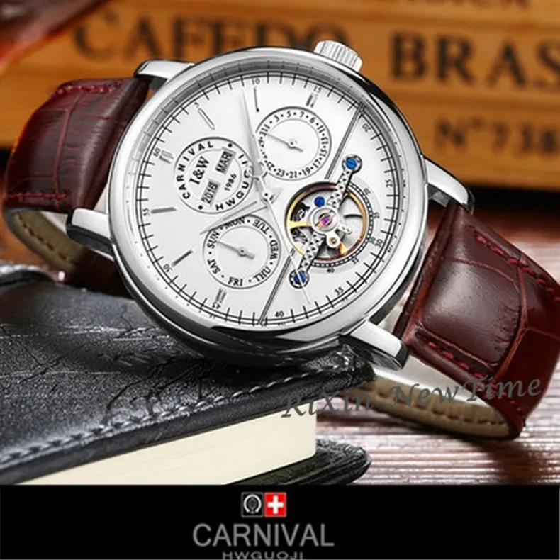 Carnival tourbillon Мужские брендовые автоматические механические часы Роскошные водонепроницаемые часы из натуральной кожи полностью стальные часы homme