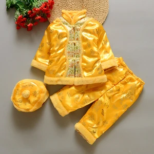 Веселый остров, новогодний плотный хлопок, комплекты одежды для маленьких мальчиков, длинный рукав, Китайская традиционная вышивка, Tangsuit для От 0 до 2 лет, младенцев - Цвет: E Yellow