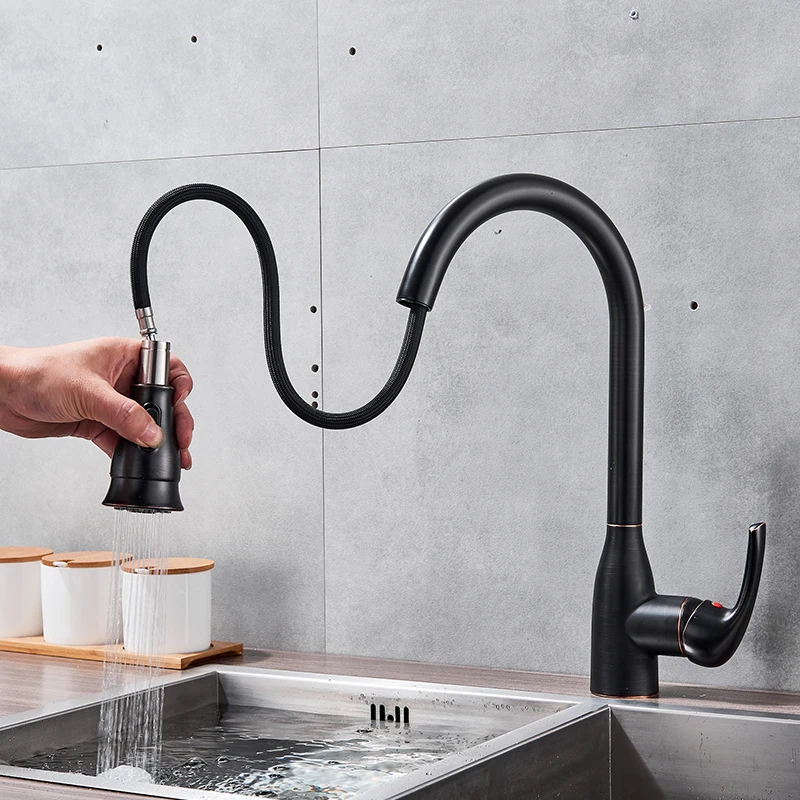 Quyanre Lead Free Black Nickel Pull Out Kitchen Faucet 2 Way Pull