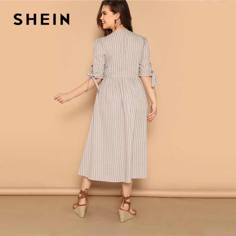 SHEIN, платье в полоску с разноцветными узелками, пуговицами, размера плюс,, женское летнее платье в стиле бохо, v-образный вырез, половина рукава, хлопок, длинное платье