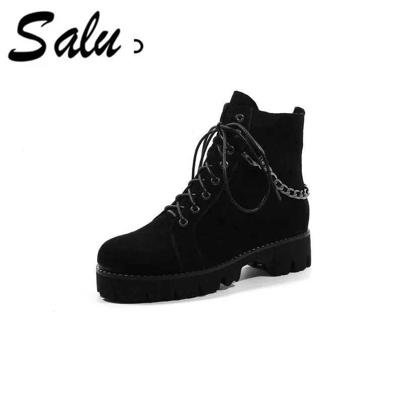 

Salu Martin Boots Women Autumn Ankle Boots Genuine Leather Motorcycle Boots Fashion Lace Up Round Toe Shoes for Women