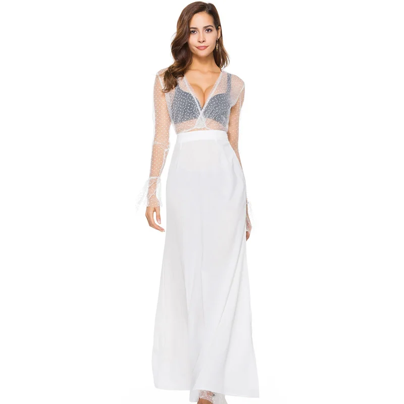 2018 Long Sheer Sleeve Fashion Women White Lace Mesh Split Maxi Dress