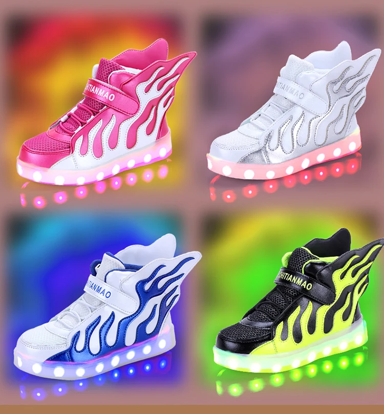 STRONGSHEN Green Kids Shoes with LED Lights Children Kids Sneakers with Wing Boys Girls Led Light Up Shoes USB Charging Warm extra wide children's shoes