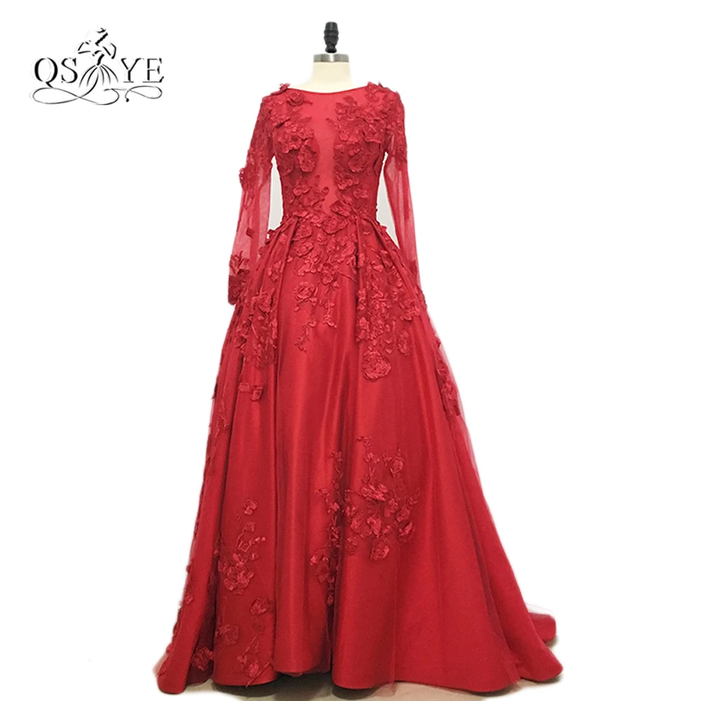 Real Photos 2017 Vestido de Fiesta Red Long Sleeve Evening Dress Long Prom Dress with 3D Floral Lace Formal Gowns Custom Made