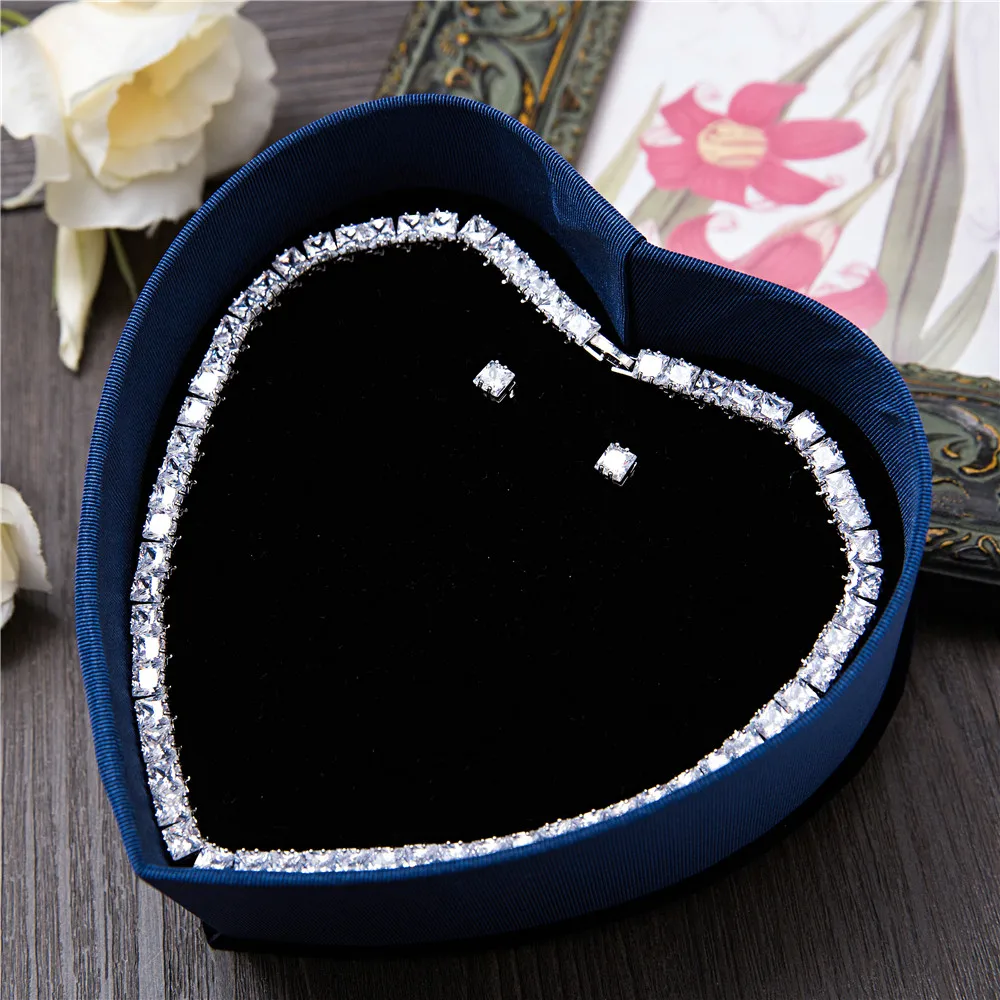 

Elegant AAA Clear Cubic Zirconia CZ Women Wedding Jewelry Sets Princess Shape Necklace Earrings Bridal Accessories Party Choker