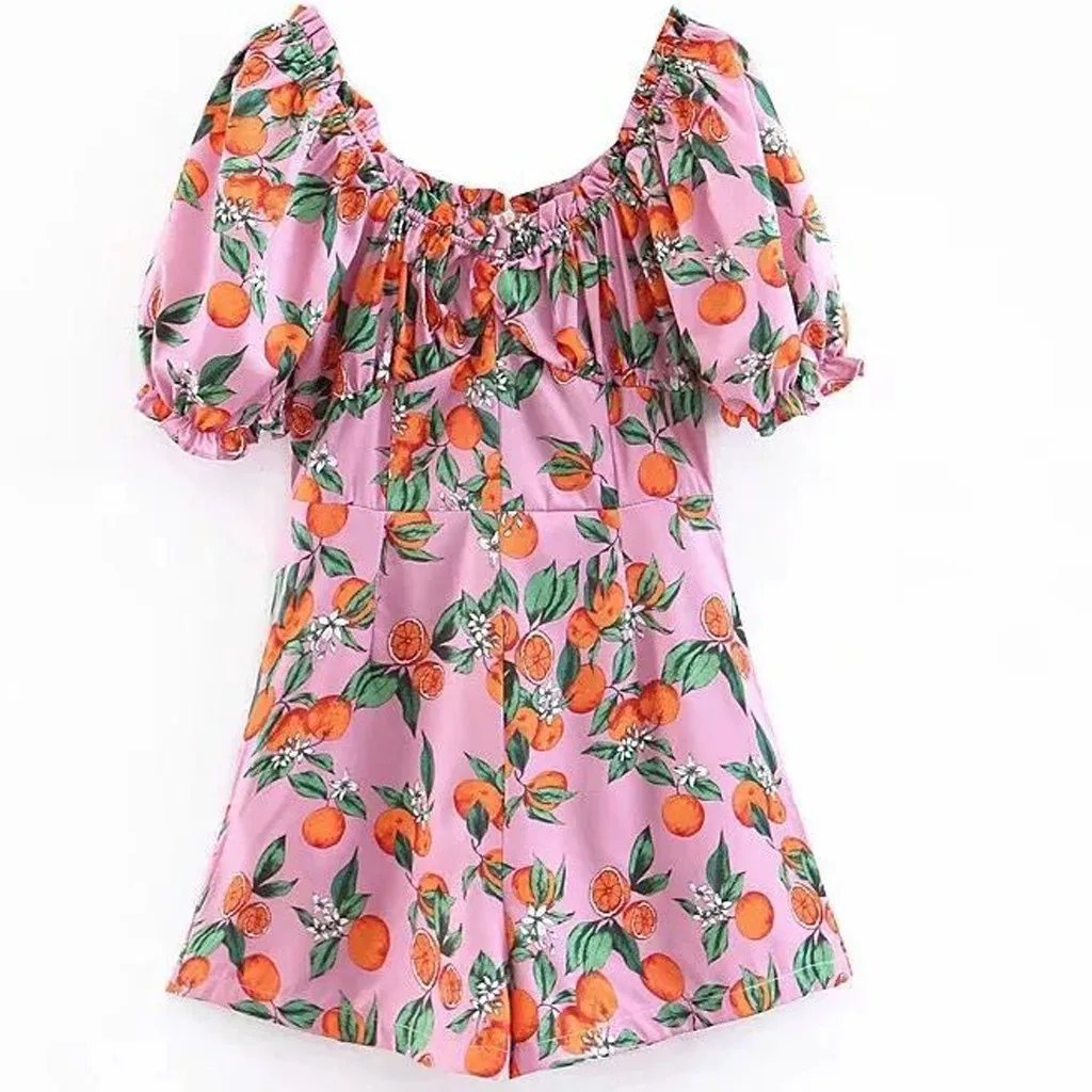 Boho фруктовый дизайн с круглым вырезом классические Комбинезоны женские летние крестообразные с открытыми плечами и принтом повседневные эластичные короткие комбинезоны Eleeve
