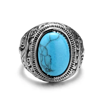 

ZMZY Tibetan Silver Vintage Stone Ring Fashion Jewelry Turquoises Finger Rings For Women Men Wedding Party Jewelry Gift