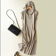 

Nate Hakuna 2018 New Spring Summer Sweater Hoodie Cashmere Wool Women Dress Long Knit Female Pure Color Hooded No Sleeve Dress