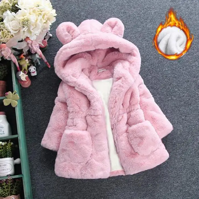 Детские осень-зима пальто с капюшоном детская теплая искусственная Меховая куртка милые животные ухо FJ88