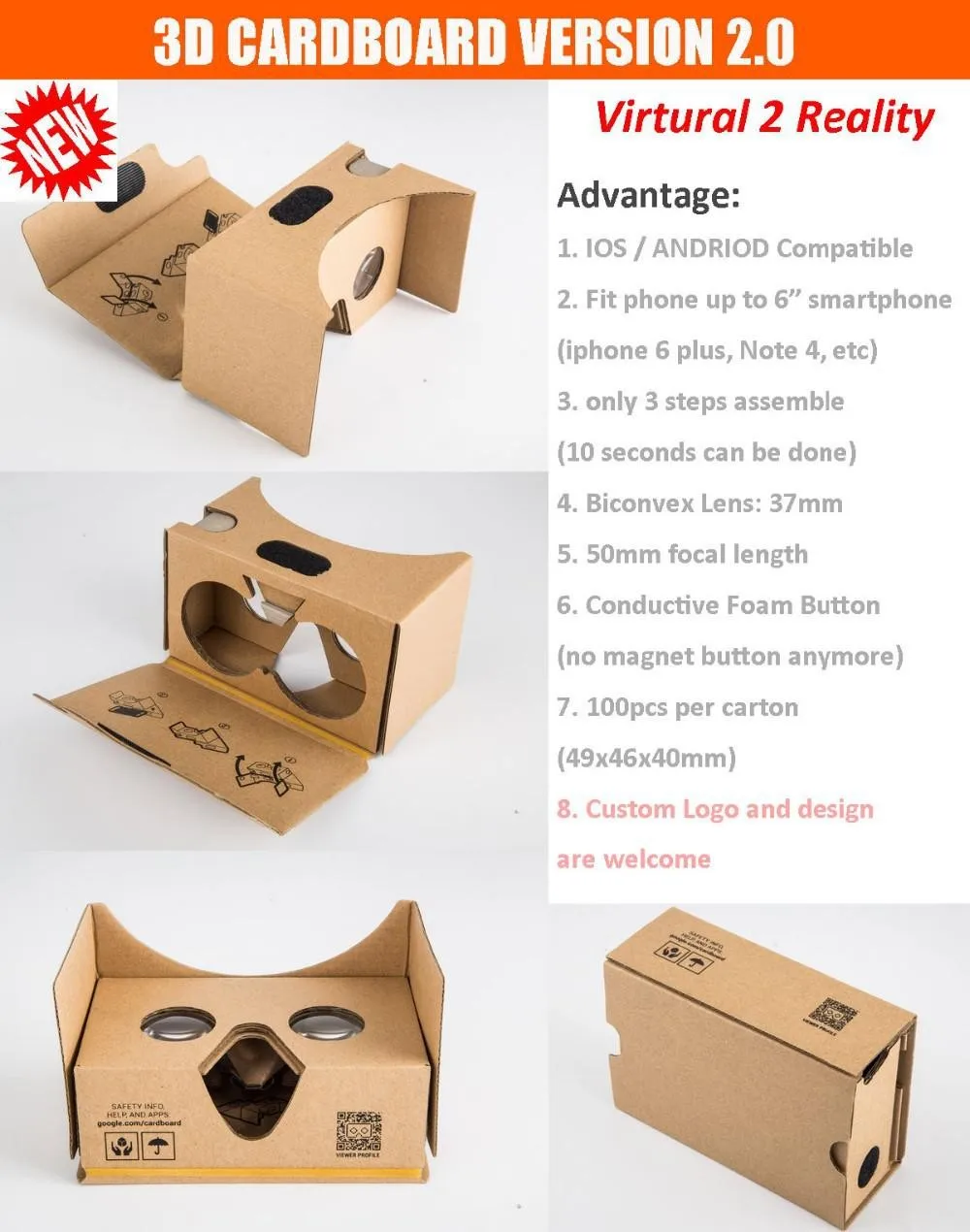 500 шт/лот Google cardboard VR 2,0 II версия VR гарнитура виртуальной реальности 3D очки для 3,5-6,0 дюйма смартфонов