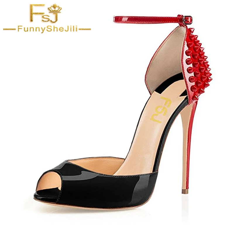 

Fashion 2018 Black Red Patent Leather Womens Rivet Pumps Peep Toe Shoes High Heels Shoes Ladies Party Studded Sandals FSJ Plus