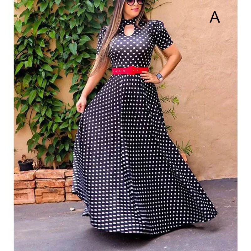 

2019 Women Boho Floral Print Keyhole Neck Short Sleeve Long Maxi Dress for Summer Size 5XL TC21