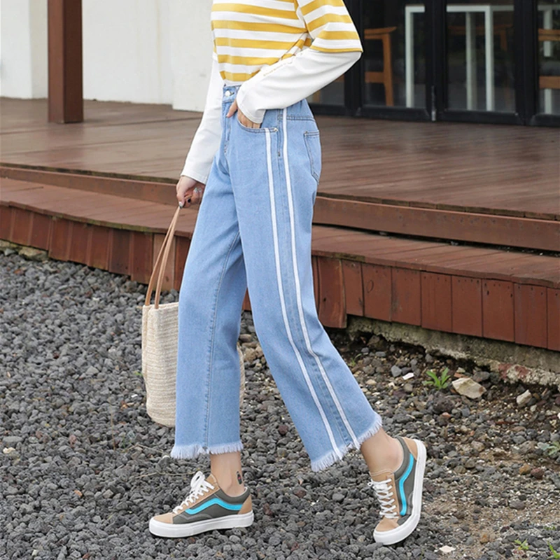 

Women Jeans Plus Size Loose Casual Denim Pants High Waist Kpop Side Striped Wide Leg Ankle Length Woman Jean Autumn 2019 Comfy