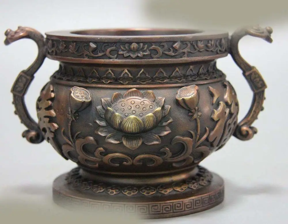 

Fine Bronze censer China copper carved lotus longevity phenix incense burner (D0426)