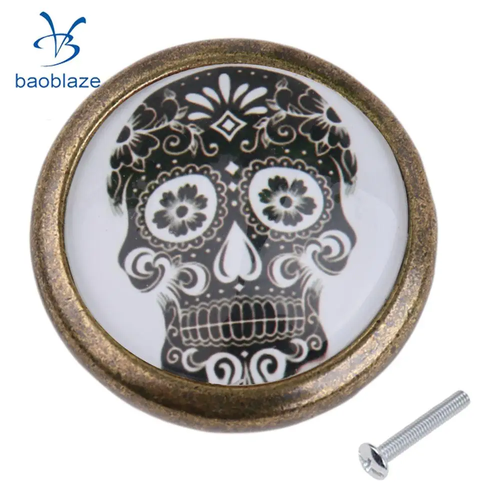 2 Pieces Skull Prints Antique Brass Cabinet Drawer Round Pulls Wardrobe Cabinet Door Cupboard Knob